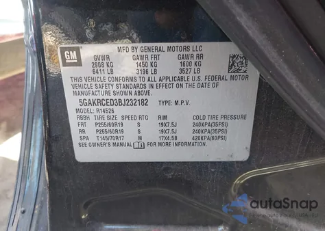2011 Buick Enclave 2Xl from USA, damaged, VIN 5GAKRCED3BJ232182